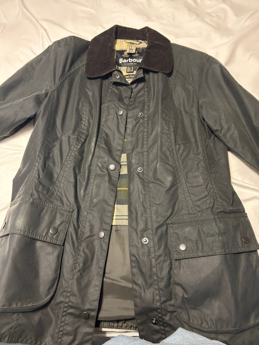 Barbour Dark Olive Waxed Field Jacket with Brown Corduroy Collar